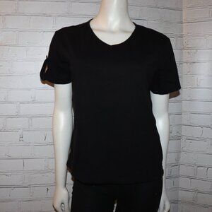 🖤✨👚 Black Button-Sleeve Tee · Basic Editions · Size M · Soft & Sleek